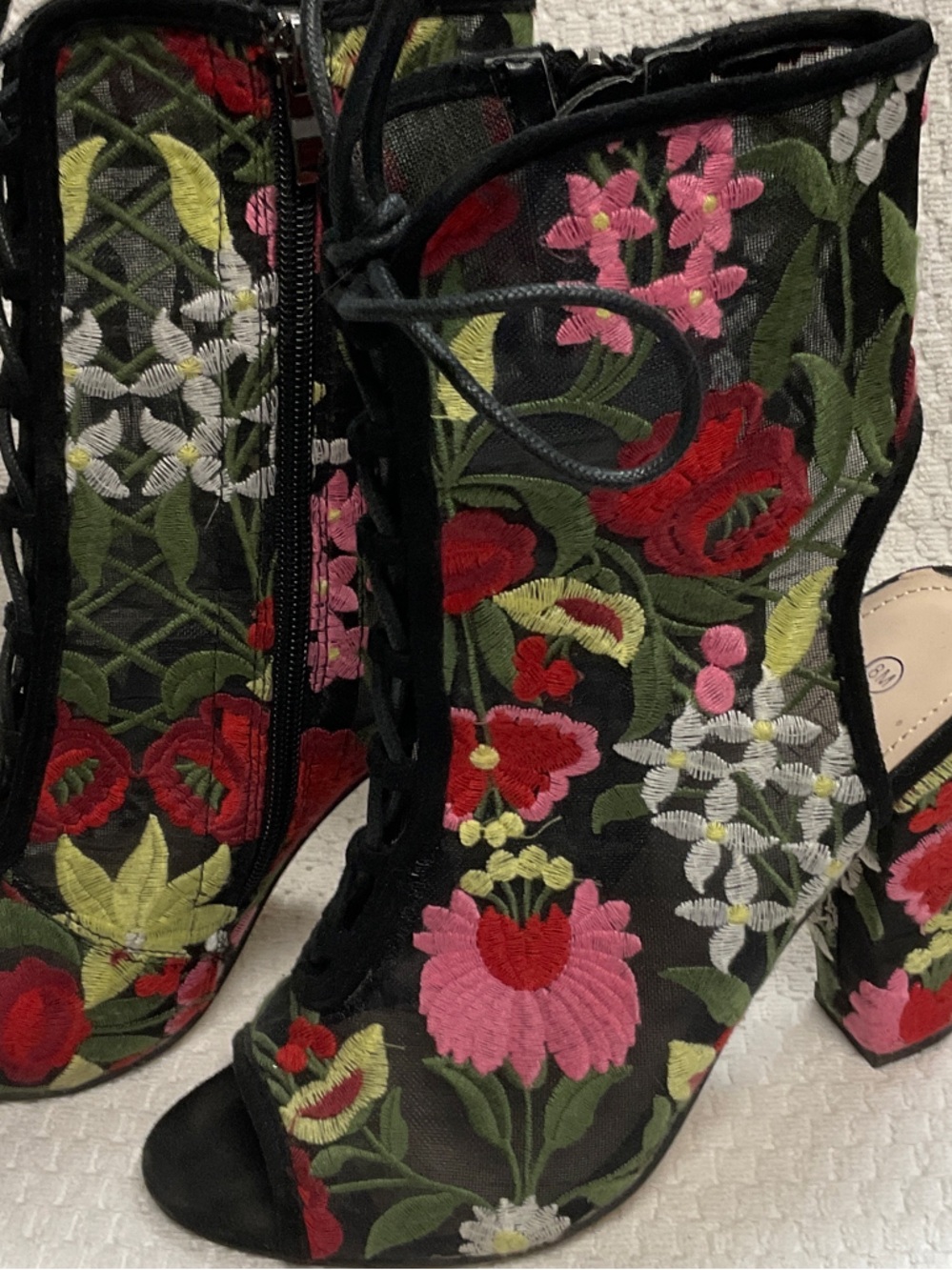Hot Tomato Black Floral Embroidered Lace-Up Heeled Boots